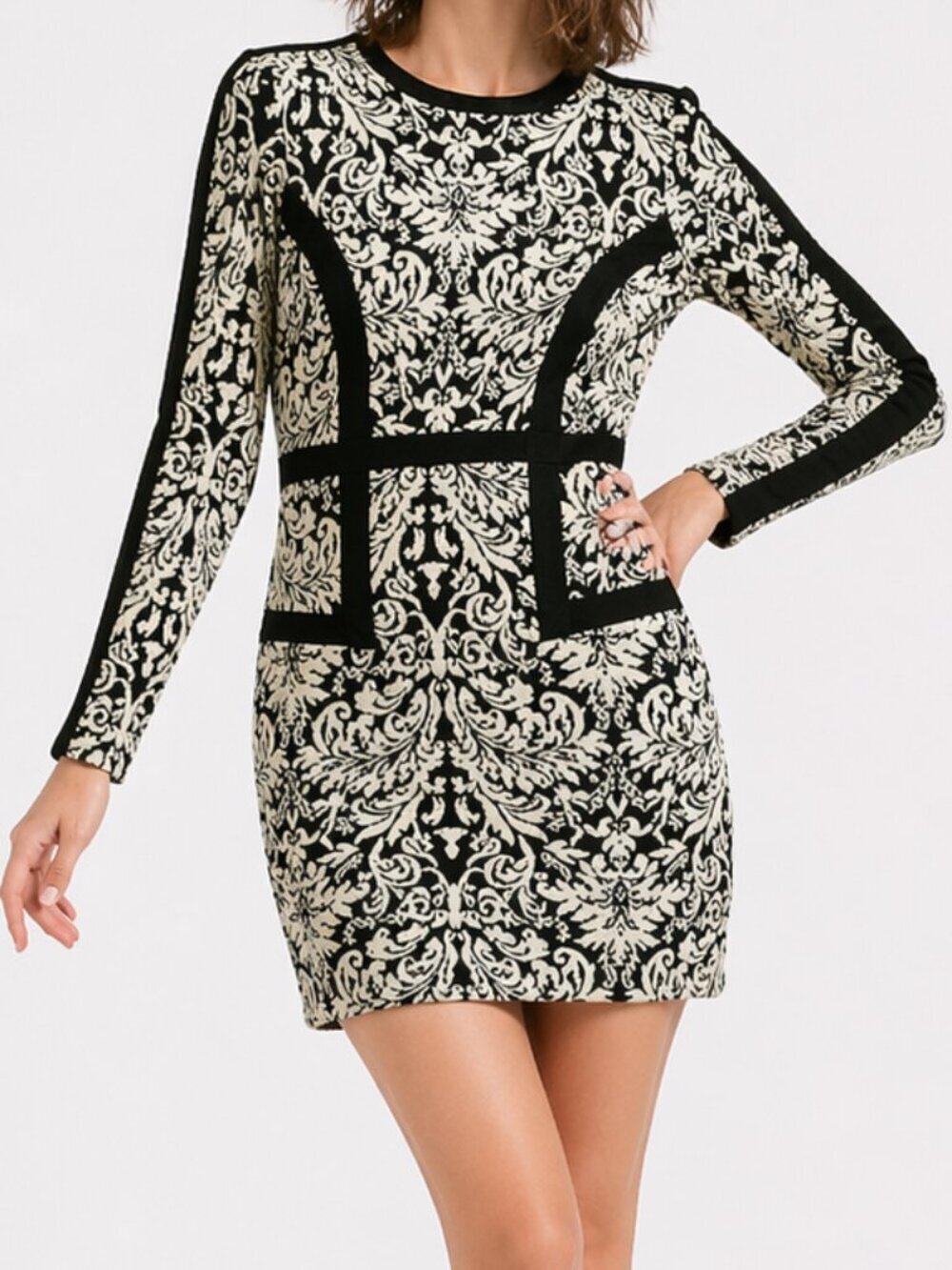 GIANNI BINI Black and White Damask Print Mini Dress XS